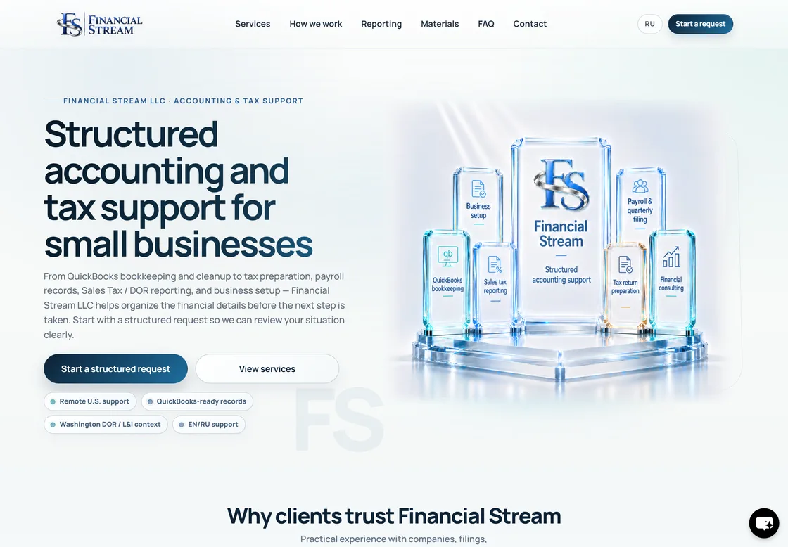 Financial Stream English homepage with accounting services and structured inquiry action.