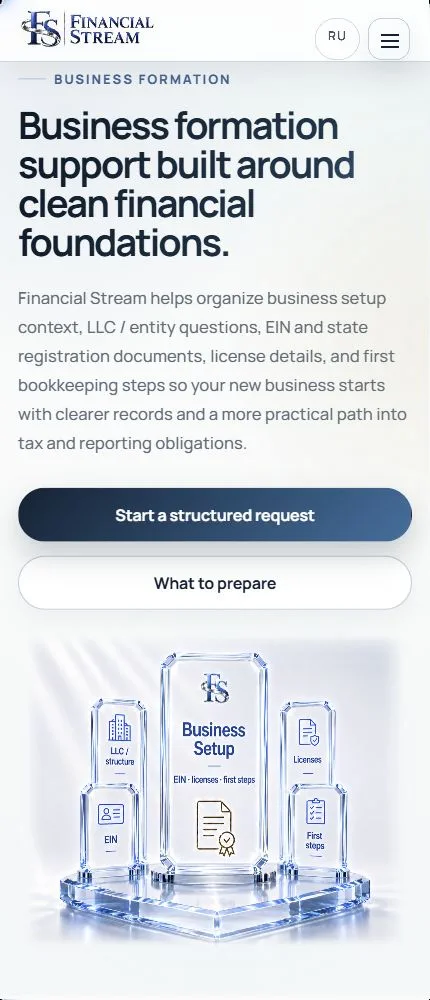 Мобильная версия страницы Company Formation на английском языке с заголовком услуги, вводным текстом, основной кнопкой и изображением.