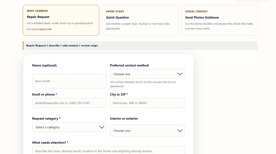 Request-intent choices and the first Local Repair Pro form groups.