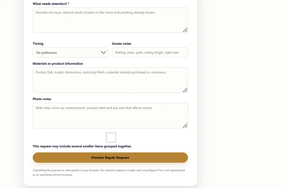 Project-detail fields, grouped-items control and preview note in the Local Repair Pro request form.