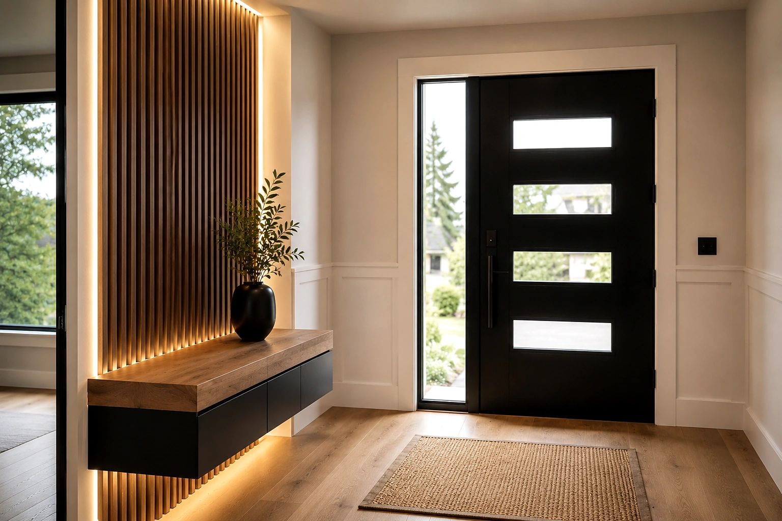 Finished Pacific Northwest entryway with dark front door, warm wood and clean trim